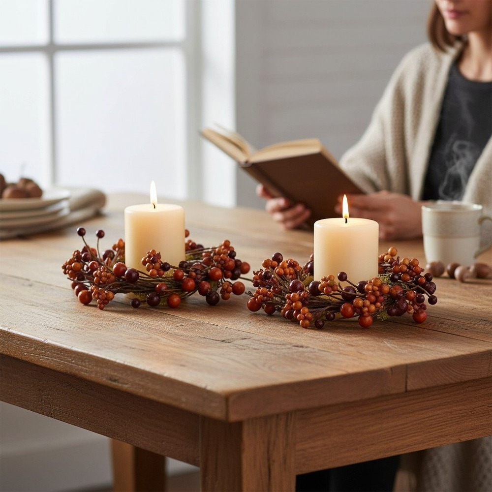 World Market Candle Ring Set Unisex 7in Orange Brand New Fall Berry Burlap 2pk